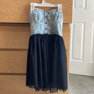 Strapless dress with denim and tule